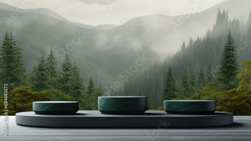 Exhibition podium for a variety of goods in Emerald and grey colors against a forest background