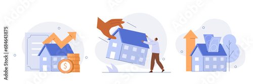 Housing crisis concept illustration. Character not able to pay bank mortgage loan or rent and lose property. Real estate prices rising, inflation and recession metaphor. Vector illustrations set.