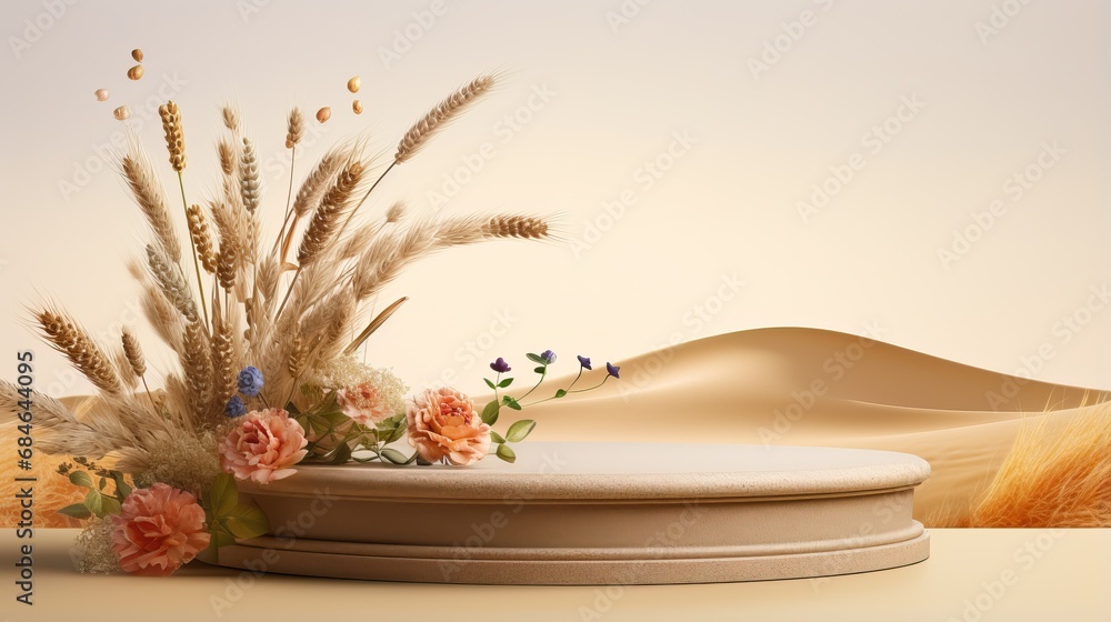 Exhibition podium for a variety of goods in Olive and Sand colors against a vegetation  background
