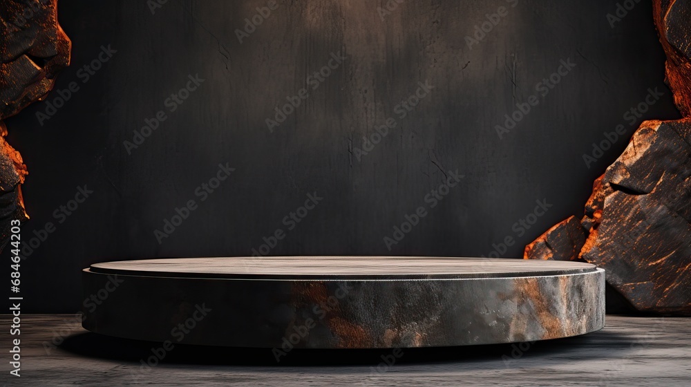 Exhibition podium for a variety of goods in Rust and Black colors against a rock background Exhibition podium for a variety of goods in Rust and Black colors against a rock background