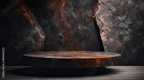 Exhibition podium for a variety of goods in Rust and Black colors against a rock background