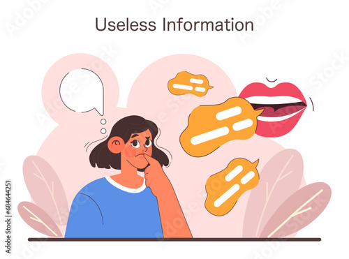 Contemplating information relevance concept. A young woman ponders over the deluge of non-essential data. Cognitive overload in the digital age. Flat vector illustration