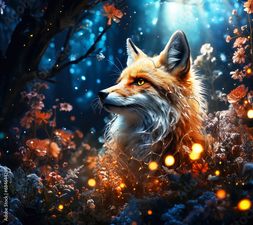 Red Fox standing in a Magical Forest  Futuristic Fantasy Jungle