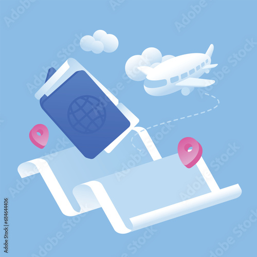 Travel Airplane map ticket 3D Illustration
