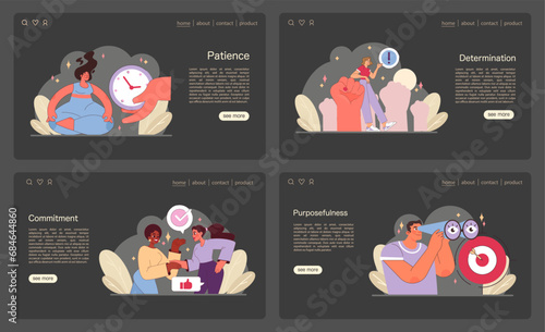 Perseverance and Determination set. Various characters embodying strength and focus. Achieving goals, cultivating patience, and building confidence. Flat vector illustration.