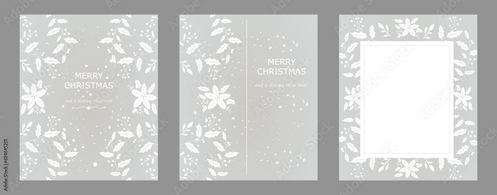 Modern design templates of Christmas, posters, covers set. Trendy minimalist aesthetic with gradient graphic backgrounds.. White  flowers on a grey background.
