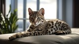 ocelot cat in living room interior,pet care routine