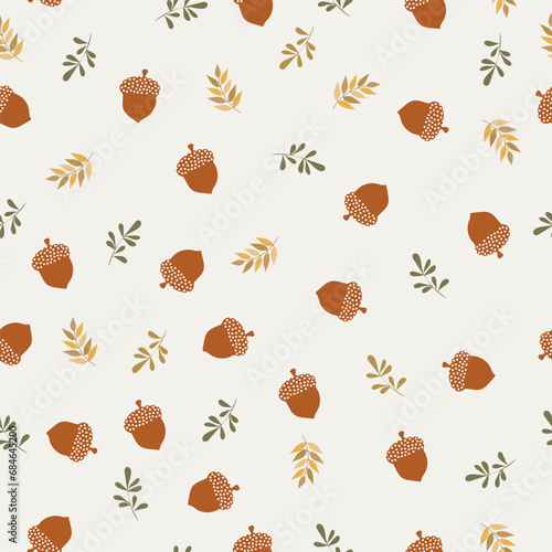 Vector colorful autumn natural seamless pattern with fall leaves, acorn and leafs. Seamless background. November.