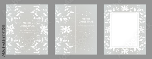 Modern design templates of Christmas, posters, covers set. Trendy minimalist aesthetic with gradient graphic backgrounds.. White  flowers on a grey background.