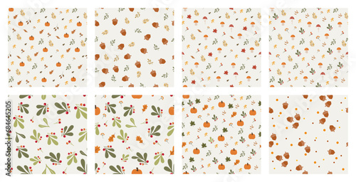 Set of vector colorful autumn natural seamless patterns with fall leaves, pumpkins and leafs. Seamless background. November. October