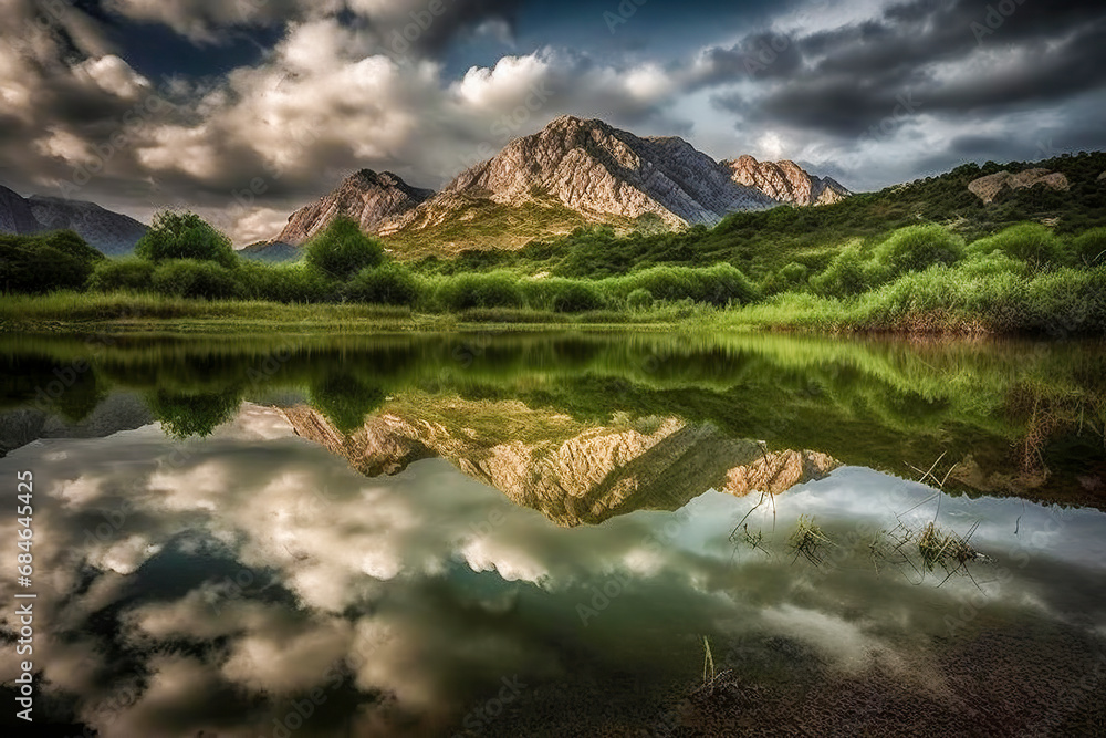 serene mountain range with a calm lake in the foreground under a cloudy sky, ai generative