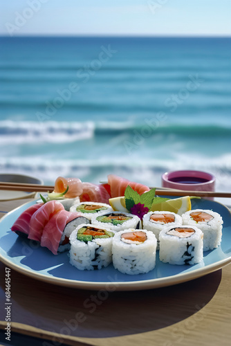 a plate of sushi with a beautiful ocean view in the background, ai generative