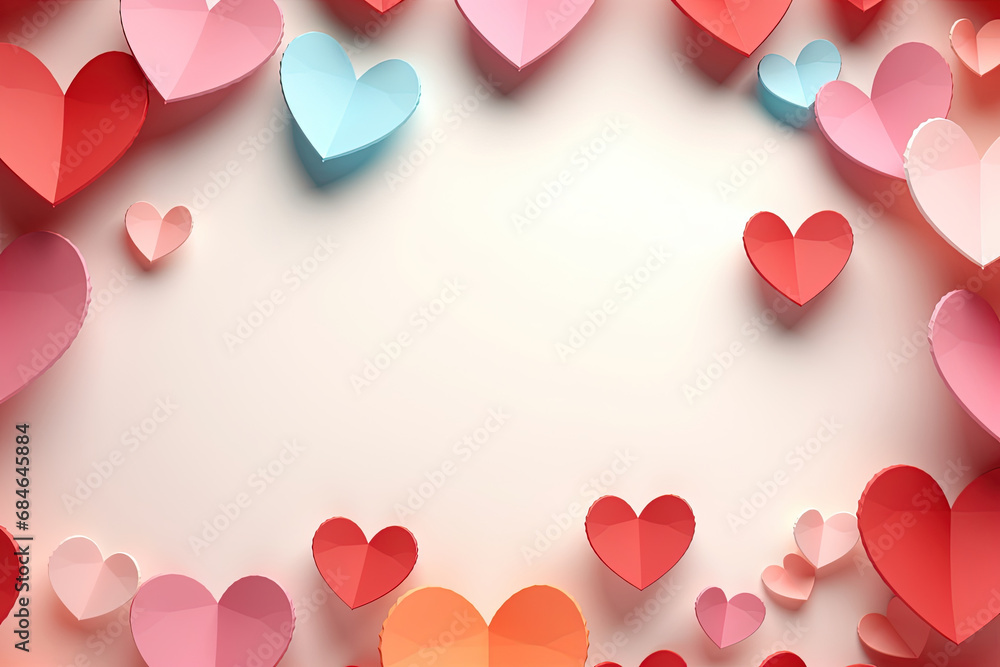 Valentine's Day Banner Background with Red, Yellow, Pink, and Blue Hearts: 3D Render of Valentine's Day Background with Paper Hearts. copy space