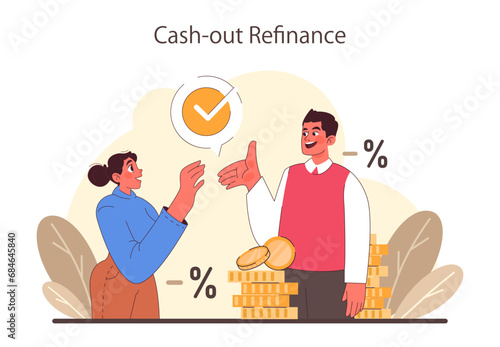 Refinance process. Loan rate reduction to lender agreements. Debt obligation with better interest rate. Housing loan, real estate mortgage. Flat vector illustration