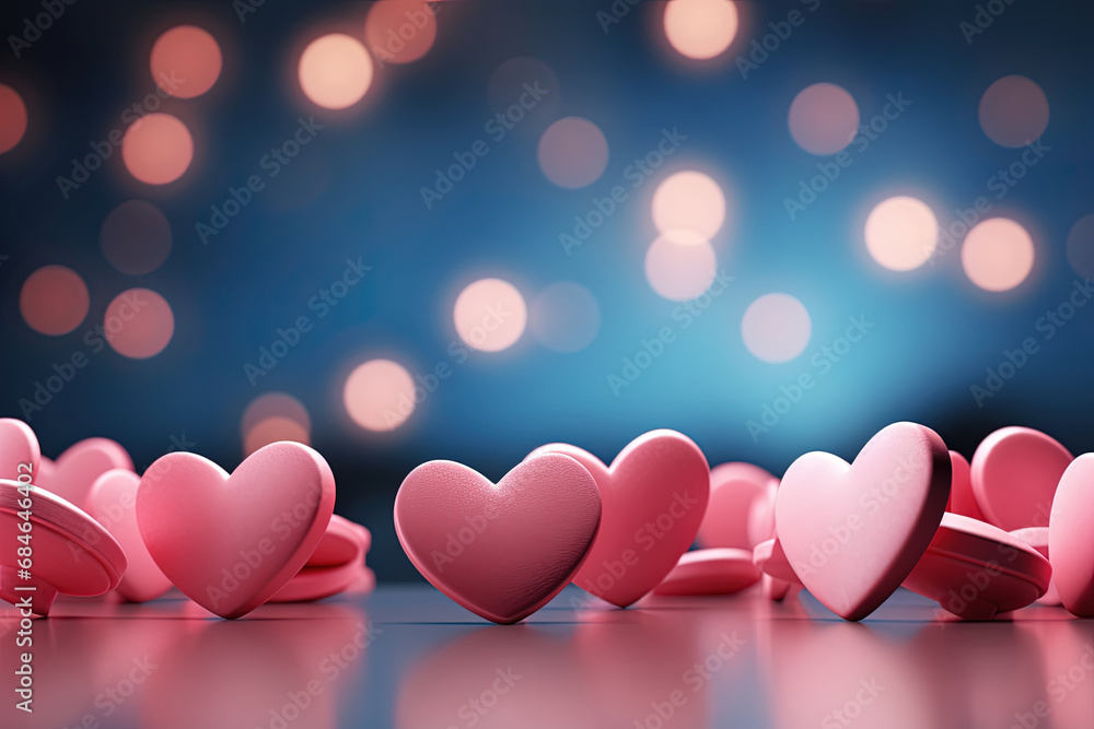A group of Pink and Red hearts sitting on top of a table blue bokeh background. Valentine's Day Concept for Banner or Poster.