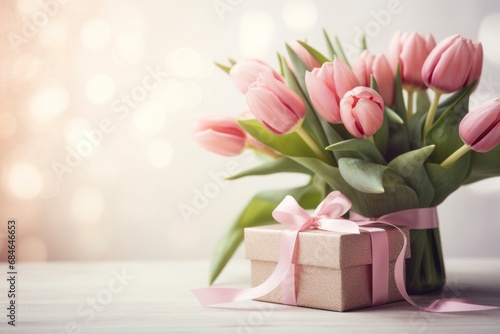 A bouquet of flowers and a gift box. Greeting card with copy space