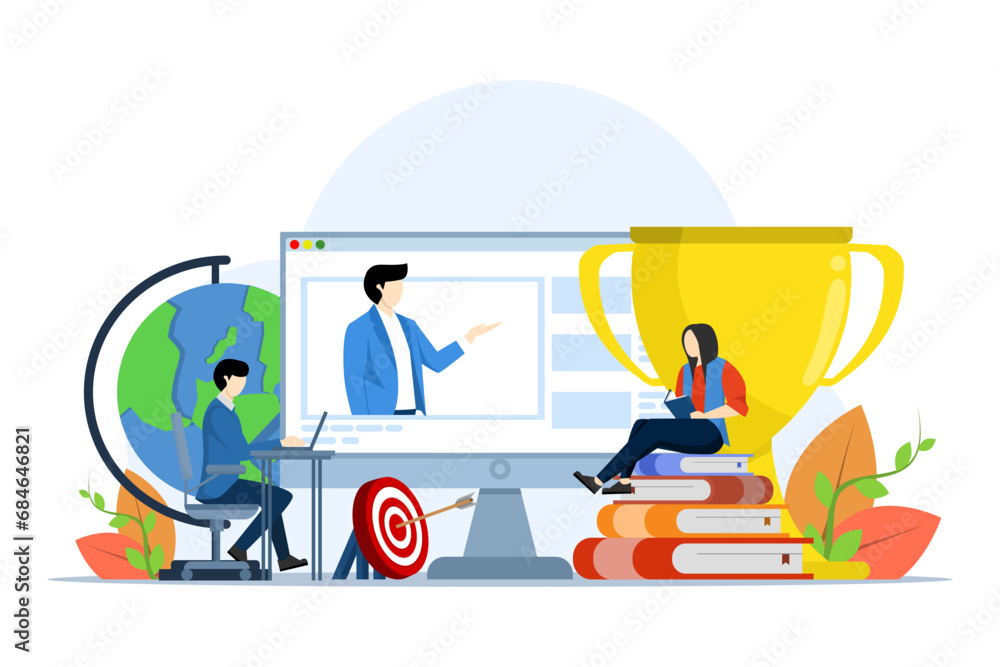the concept of online education, distance education, seminars and webinars, online classes on the monitor screen, the concept of online courses and tutorials, e-learning. flat vector illustration.