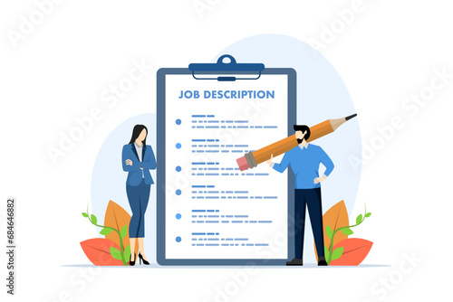 Job description concept, job position qualifications and requirements, job scope, job duties and responsibilities, businessman writing job description document. flat vector illustration.