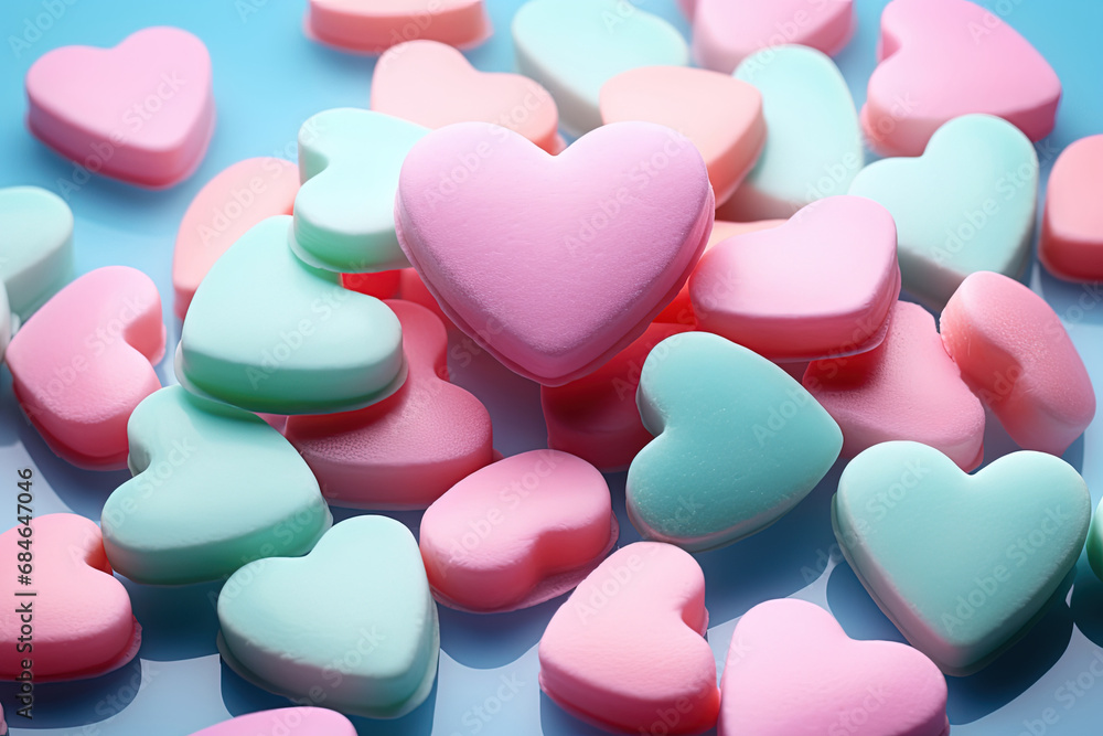 Heart Shaped Candy Pile on Table with Blue Heart on Top and Pink Heart Atop. Colorful Pastel Heart-Shaped Marshmallows Background.