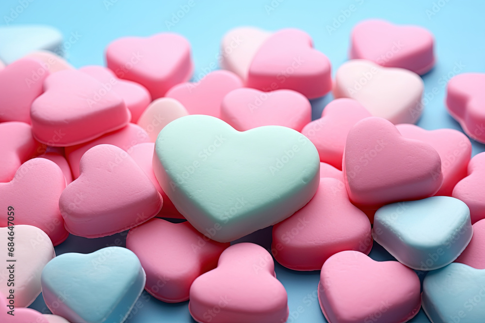 Heart Shaped Candy Pile on Table with Blue Heart on Top and Pink Heart Atop. Colorful Pastel Heart-Shaped Marshmallows Background. Heart Shaped Candy Pile on Table with Blue Heart on Top and Pink Heart Atop. Colorful Pastel Heart-Shaped Marshmallows Background.