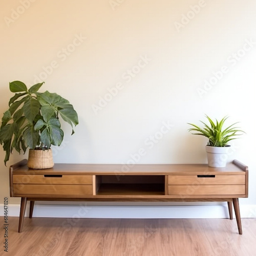 Modern living room interior with wooden sofa and plant. Nobody inside. © Shanta Khatun