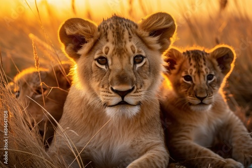 Cute faces: mothers of a lioness and a baby lion in the light of the evening sun in the wild. Portrait.