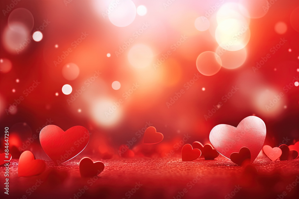Colorful Vibrant Red Background with Hearts and Bokeh. Ideal for Celebrating Valentine's Day, Christmas, Mother's Day, Women's Day. Banner or Poster