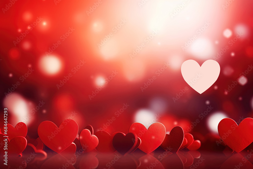 Colorful Vibrant Red Background with Hearts and Bokeh. Ideal for Celebrating Valentine's Day, Christmas, Mother's Day, Women's Day. Banner or Poster
