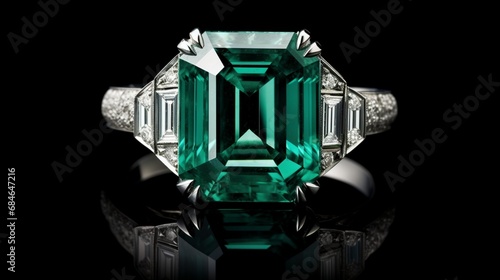 A close-up of a sparkling, emerald-cut gemstone ring set in platinum