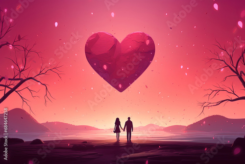 Beautiful Valentine's Day Landscape. Cartoon Illustration Art with Silhouettes of a Couple and a Big Heart Romance Illustration with Copy Space. Perfect for Mother's Day, Women's Day Banner, or poster © RBGallery