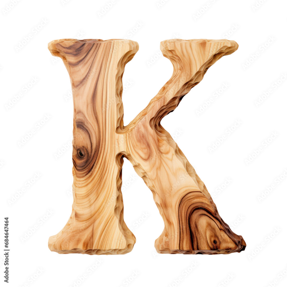 Wooden letter K , wood typography font, isolated on transparent background, png