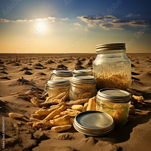A group of jars filled with food on desert dryland soil. Global food crisis, food shortage conceptual image.