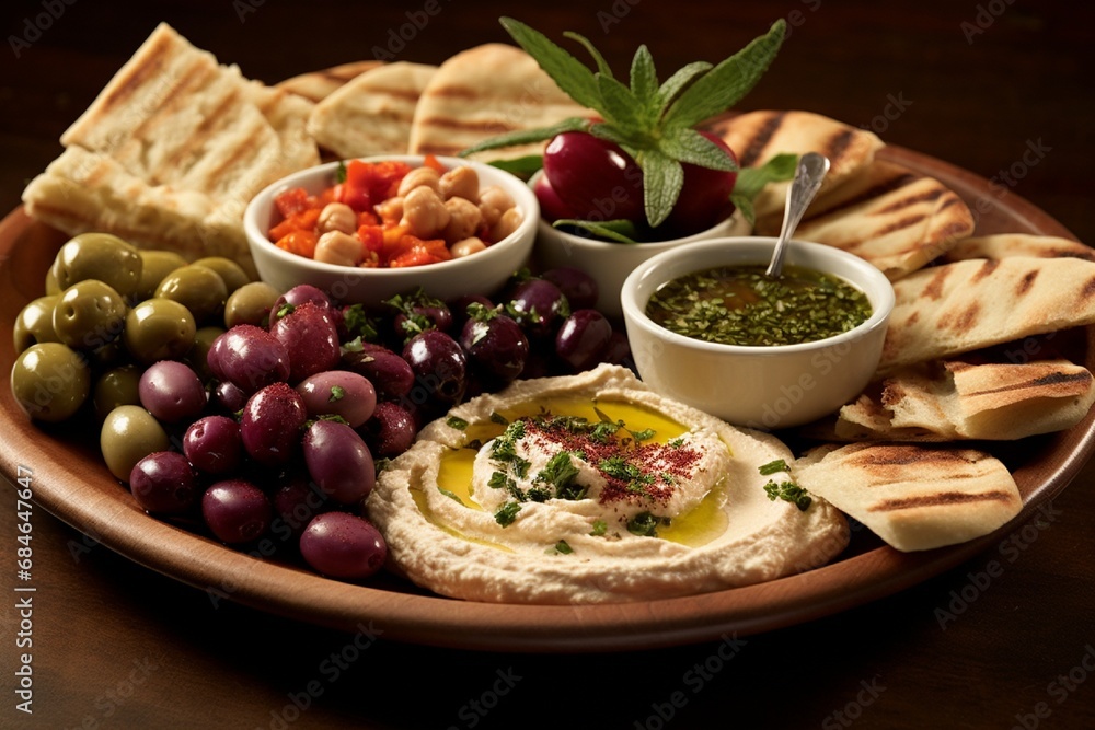 A platter of Mediterranean mezze with hummus, pita bread, olives, and feta cheese.