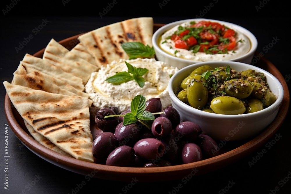 A platter of Mediterranean mezze with hummus, pita bread, olives, and feta cheese. A platter of Mediterranean mezze with hummus, pita bread, olives, and feta cheese.