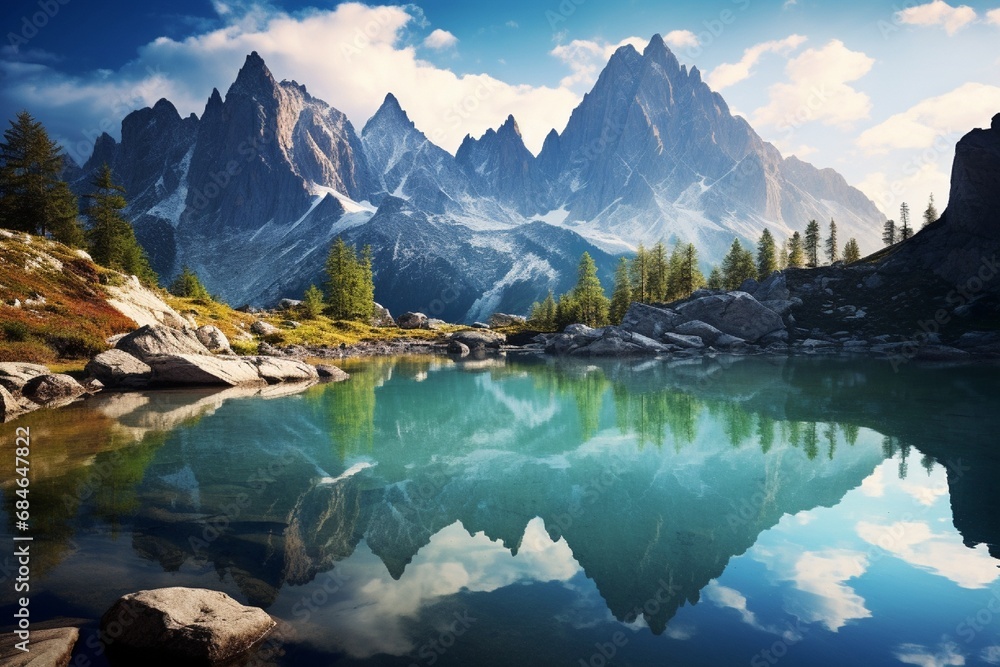 A pristine alpine lake nestled between towering mountain peaks, reflecting the majestic scenery in its clear waters.