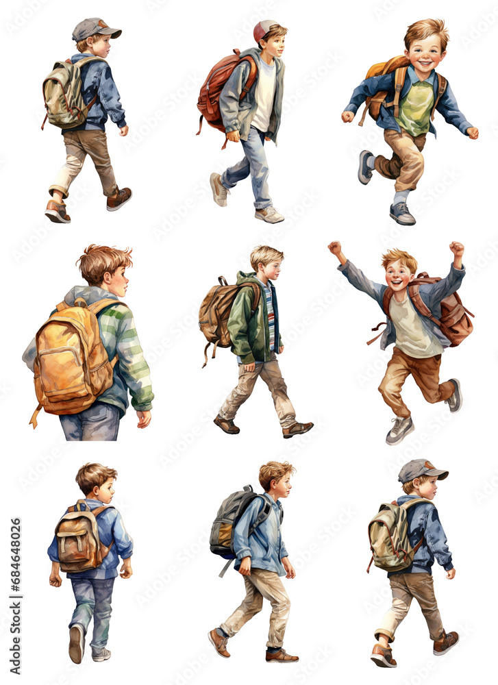 Watercolor Cute Schoolboys Set. Set of Happy Schoolboy Characters Clipart. Back-To-School Concept. Hand Drawn Schoolboy Illustrations. Watercolor Cute Schoolboys Set. Set of Happy Schoolboy Characters Clipart. Back-To-School Concept. Hand Drawn Schoolboy Illustrations.
