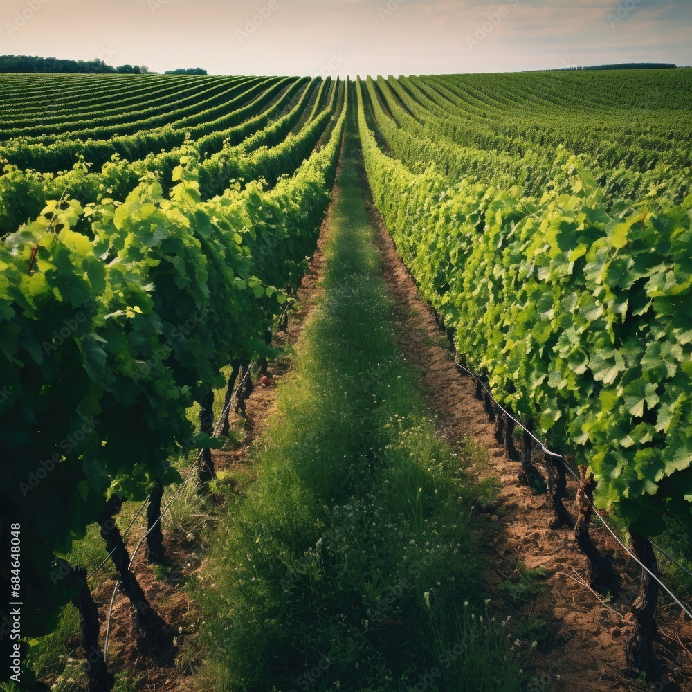 Obraz premium healthy vineyard in summertime. gentle hills in the background. harmonic styled image.