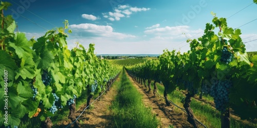 healthy vineyard in summertime. gentle hills in the background. harmonic styled image. 