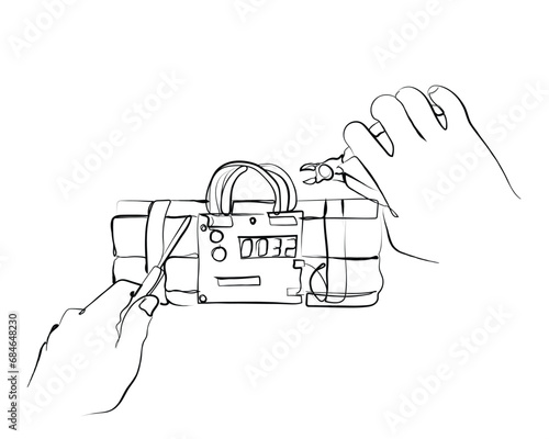 hand drawn line art vector of hands dismantling bomb.