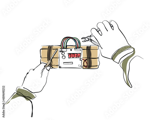 hand drawn line art vector of hands dismantling bomb.