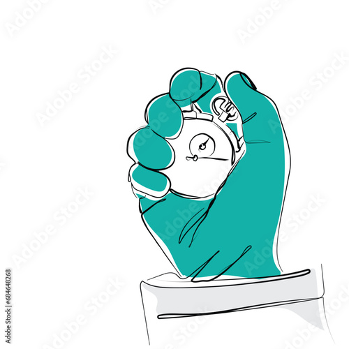 hand drawn line art vector of a doctor or nurse or medical practitioner hand holding chronometer. Health care and medical web element