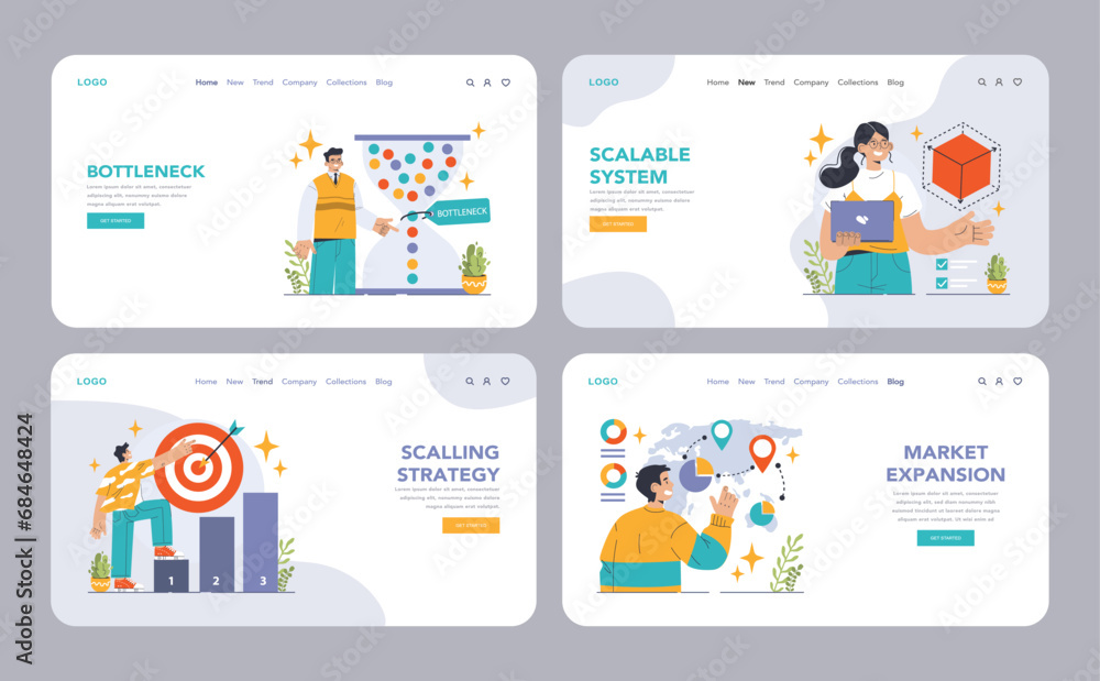 Scaling Strategy concept. Steps to successful business growth, featuring target achievement and efficiency. Business development, market reach, and cost-effective operations. Flat vector illustration