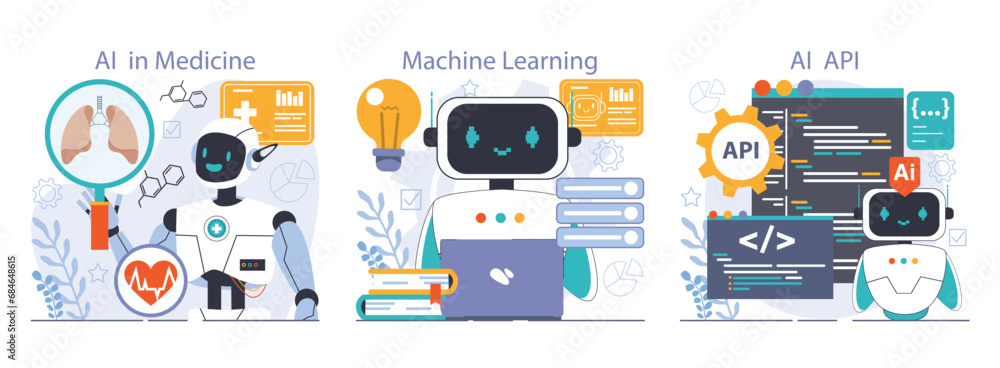 Ai integration set. Artificial intelligence and human synergy. Neural network assistance and robotization of life. Self-learning computing system processing big data. Flat vector illustration Ai integration set. Artificial intelligence and human synergy. Neural network assistance and robotization of life. Self-learning computing system processing big data. Flat vector illustration