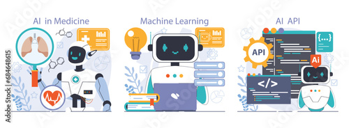 Ai integration set. Artificial intelligence and human synergy. Neural network assistance and robotization of life. Self-learning computing system processing big data. Flat vector illustration