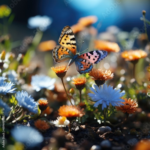 bright colorful image of flower with butterfly flying around.  © CreativeCreations