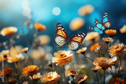 bright colorful image of flower with butterfly flying around. 