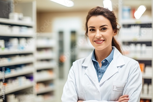 Portrait of a female pharmacist standing in a drug store