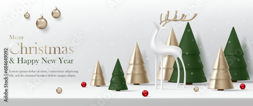 3D Vector Merry Christmas banner. Happy New Year with reindeer, green and gold christmas tree background. Luxury modern minimal style, decoration party, invitation greeting card, backdrop, wallpaper
