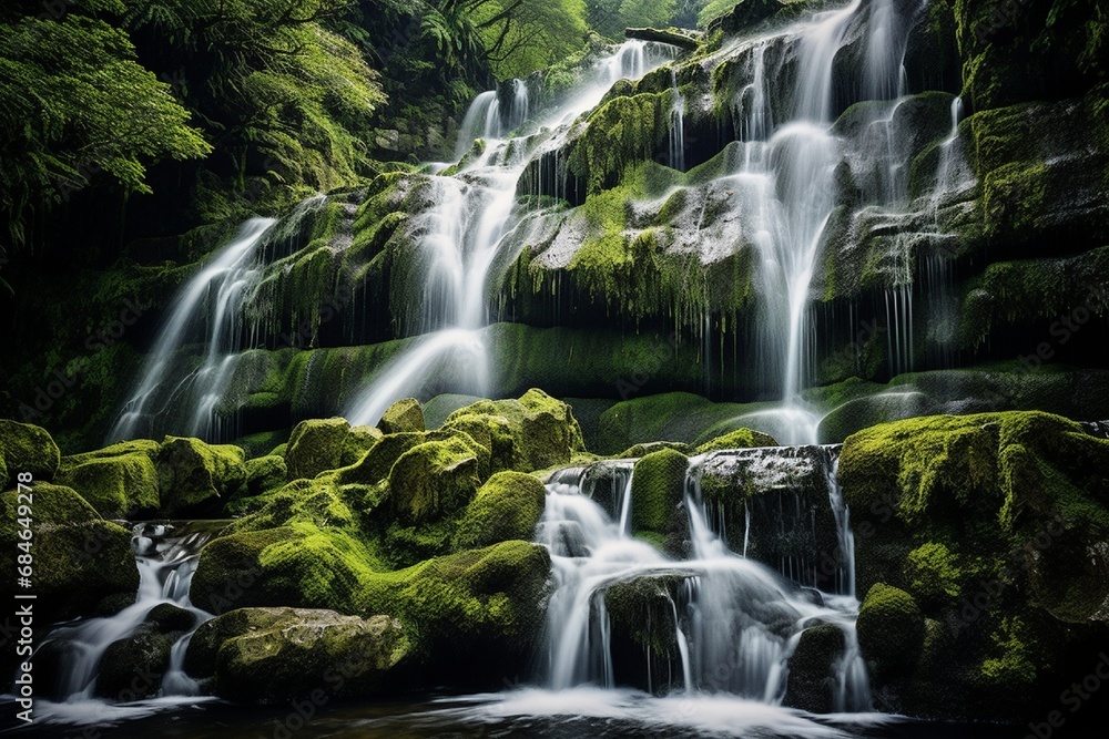 A pristine waterfall cascading down moss-covered rocks, surrounded by lush, untouched wilderness.