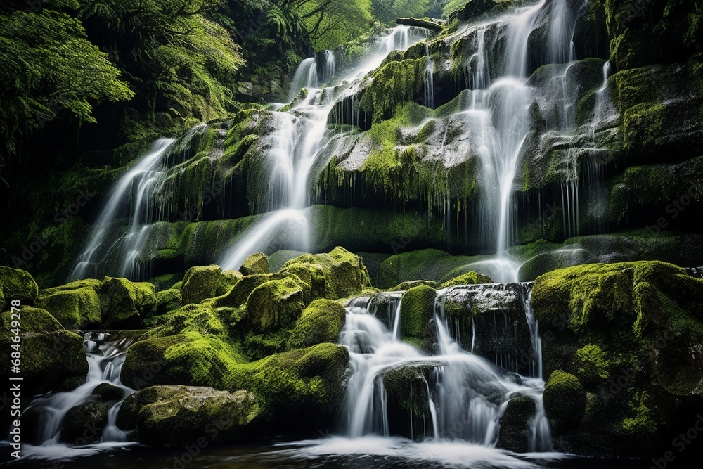 A pristine waterfall cascading down moss-covered rocks, surrounded by lush, untouched wilderness. A pristine waterfall cascading down moss-covered rocks, surrounded by lush, untouched wilderness.